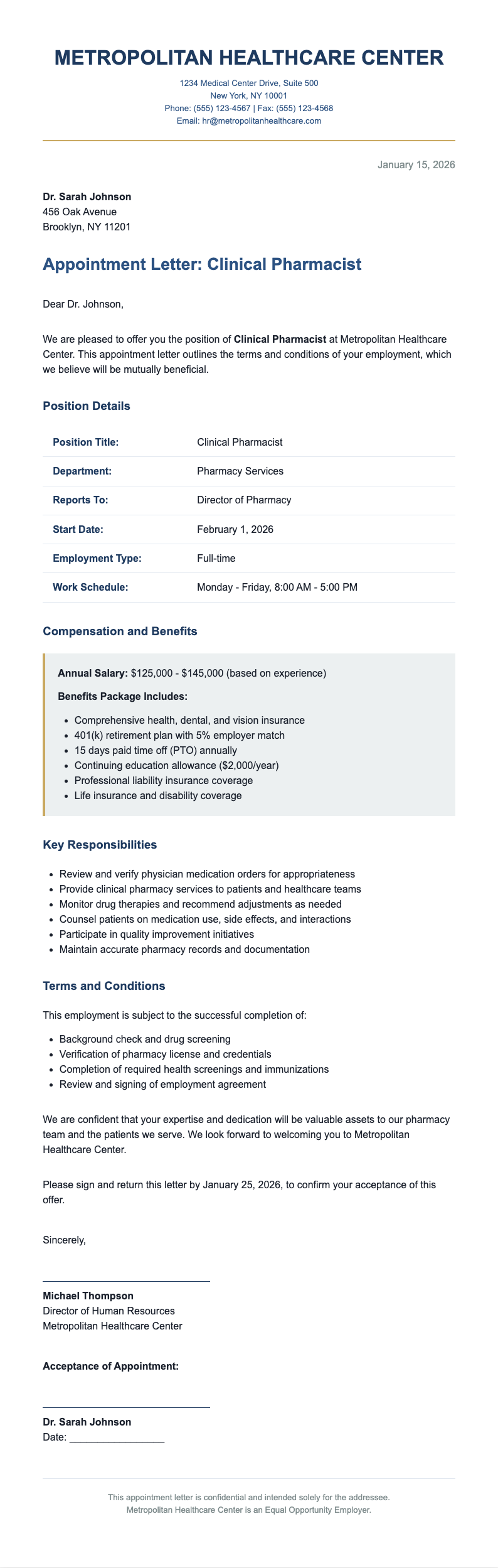 Executive summary pharmacist appointment letter